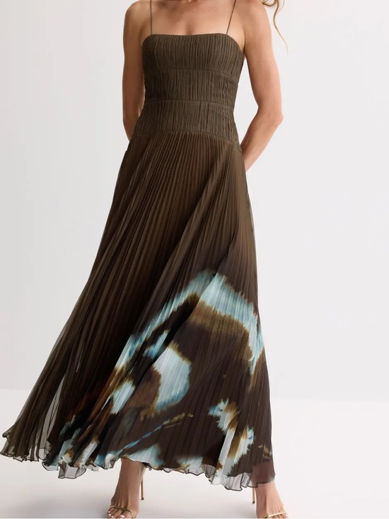 AMUR Dresses & Skirts - AMUR Sue Pleated Maxi Gown Brown Abstract Print Sustainable Formal Dress Size 0